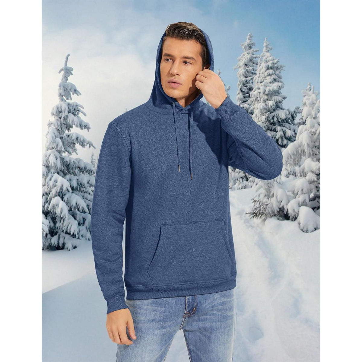 Herren Sherpa Hoodie mit Kängurutasche, Blaugrau, Größe M