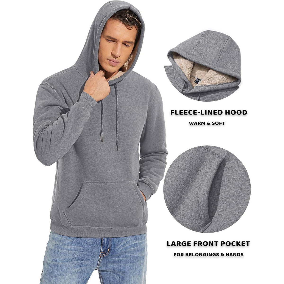 Herren Sherpa Hoodie – Dickes Fleece, winddicht, warm, Hellgrau