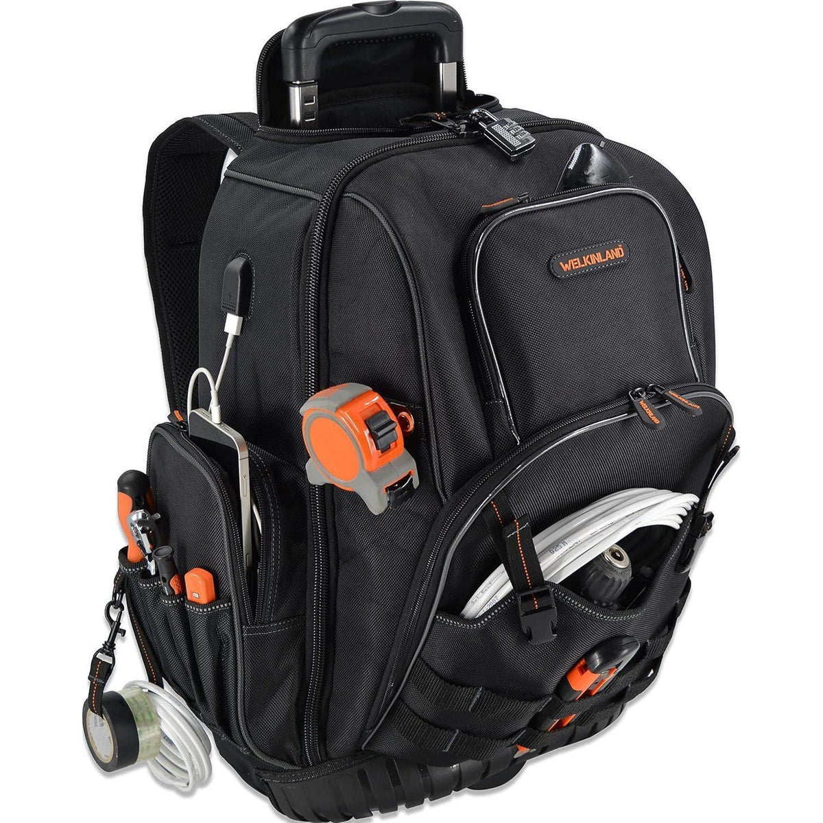 Werkzeugrucksack mit Rollen, 72 Taschen, Schwarz/Orange, L
