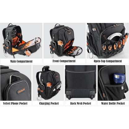 Werkzeugrucksack mit Rollen, 72 Taschen, Schwarz/Orange, L