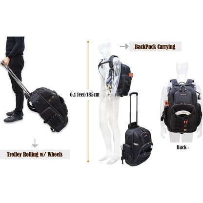 Werkzeugrucksack mit Rollen, 72 Taschen, Schwarz/Orange, L