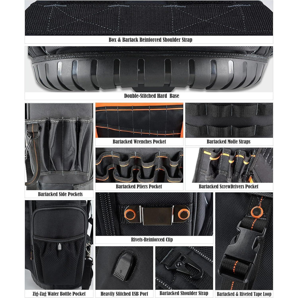 Werkzeugrucksack mit Rollen, 72 Taschen, Schwarz/Orange, L