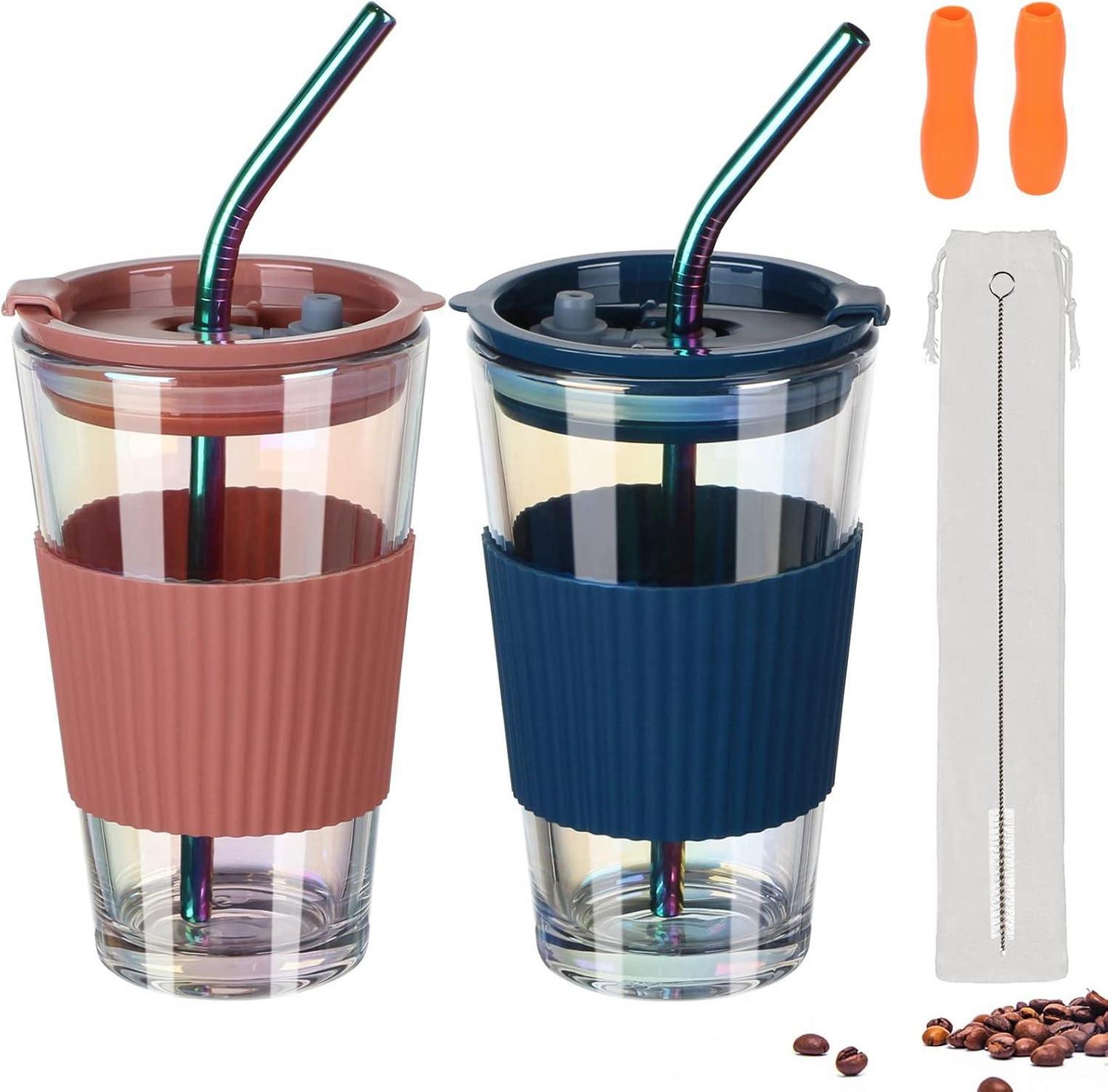 Glasbecher 450ml 2er Set mit Deckel und Strohhalm