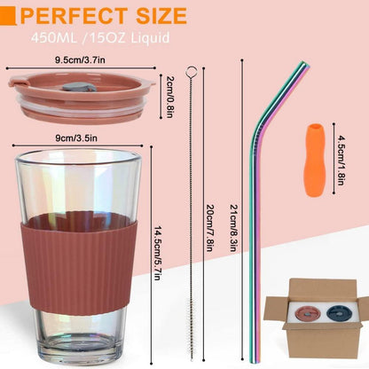 Glasbecher 450ml 2er Set mit Deckel und Strohhalm