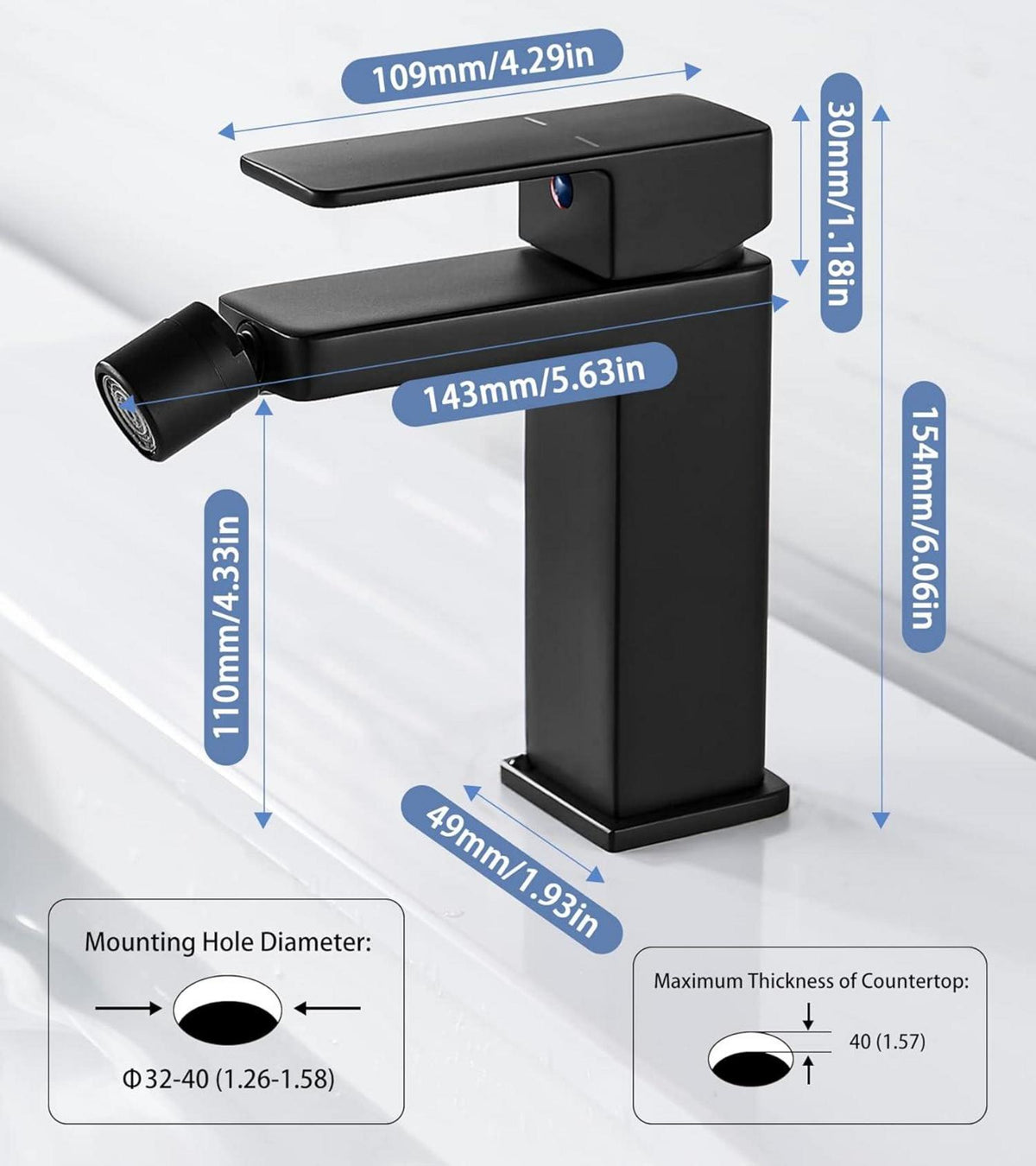 Wasserhahn Bad Schwarz Einhebel Bidetarmatur 105mm, Waschtischarmatur