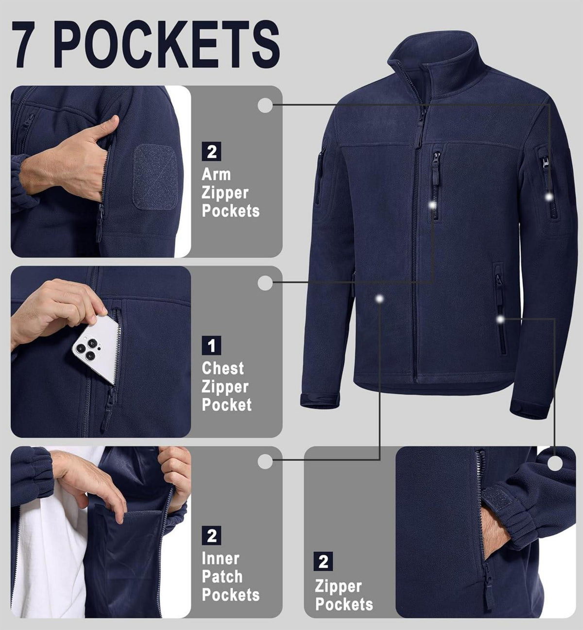 Herren Outdoor Fleecejacke Taktische Winterjacke 7 Taschen Stehkragen Blau S