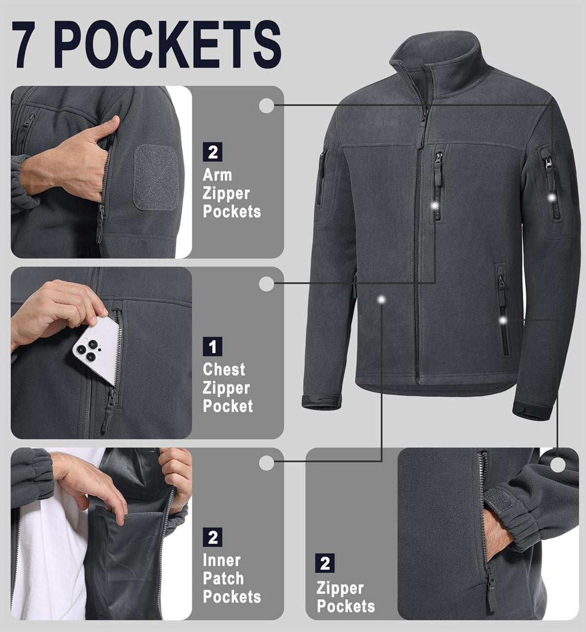 Herren Outdoor Fleecejacke Winter Warm Winddicht Stehkragen 7 Taschen L OVP