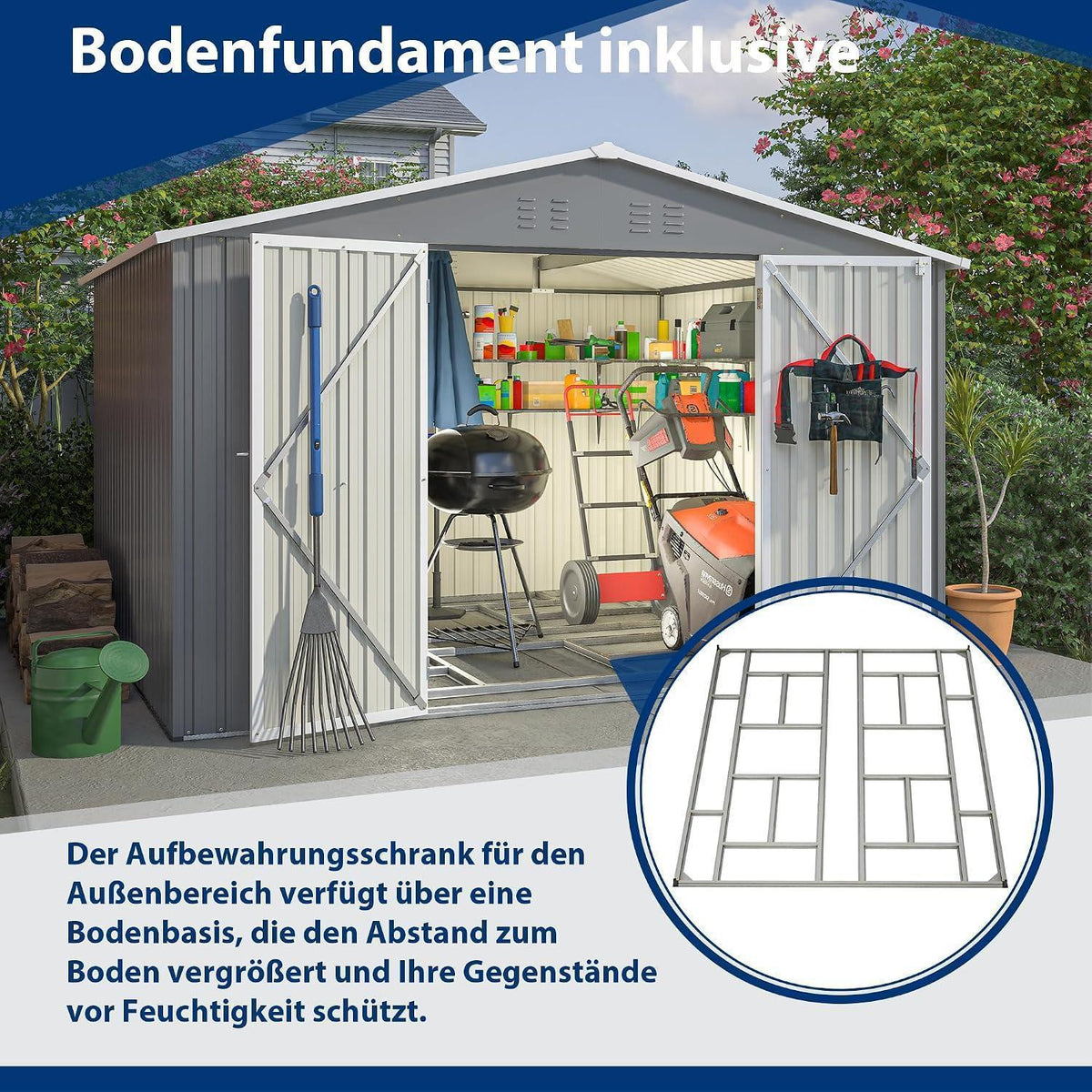 Großes Gerätehaus 8x10ft mit Fundamentrahmen & Satteldach
