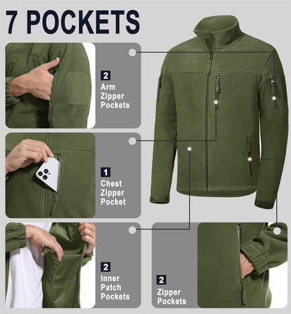 Herren Outdoor Fleecejacke Winddicht mit 7 Taschen Stehkragen XXL Army Green