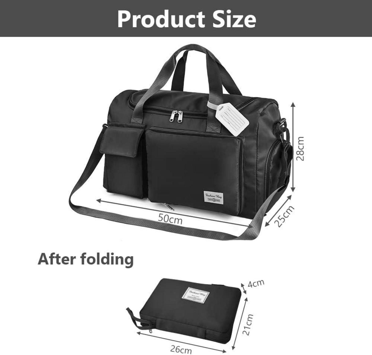 35L Faltbare Reisetasche Wasserdicht Weekender Schwarz mit