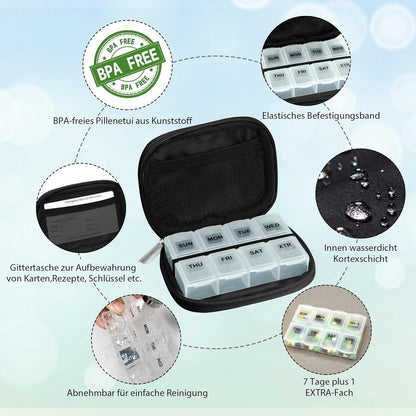 Serfeymi Tablettenbox 7 Tage Medikamentenbox mit Reißverschluss & Stofftasche