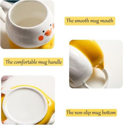 Süße 3D Ente Keramik Kaffeetasse mit Hut-Deckel & Blumen-Löffel 400ml Gelb