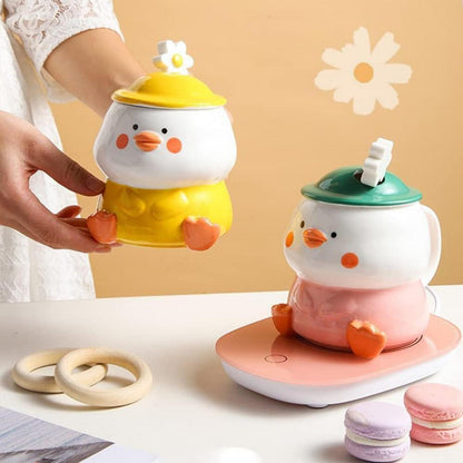 Süße 3D Ente Keramik Kaffeetasse mit Hut-Deckel und Löffel