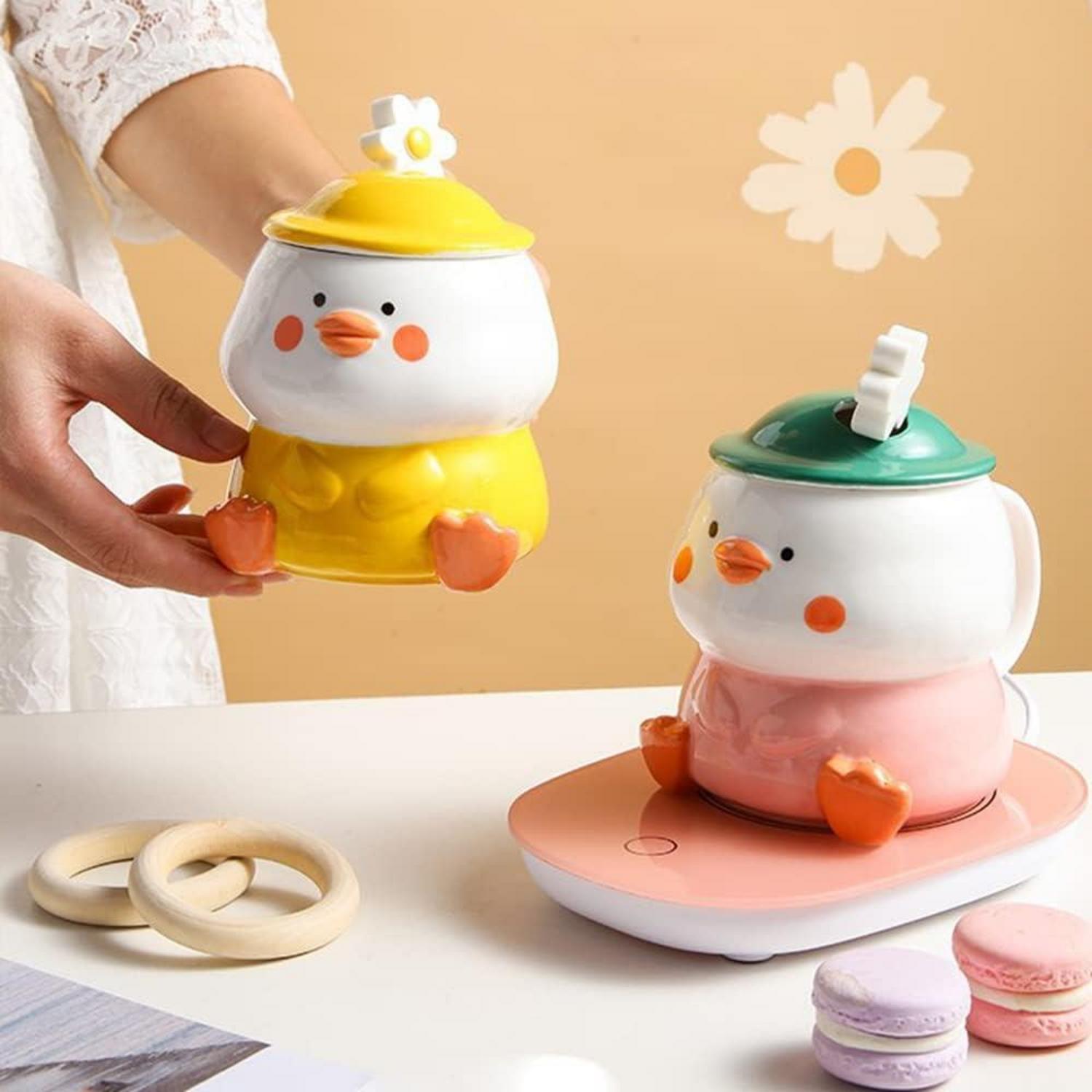 Süße 3D Ente Keramik Kaffeetasse mit Hut-Deckel und Löffel