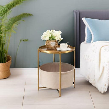 Runder Beistelltisch mit Korb – Gold Gelb, Modern & Vielseitig