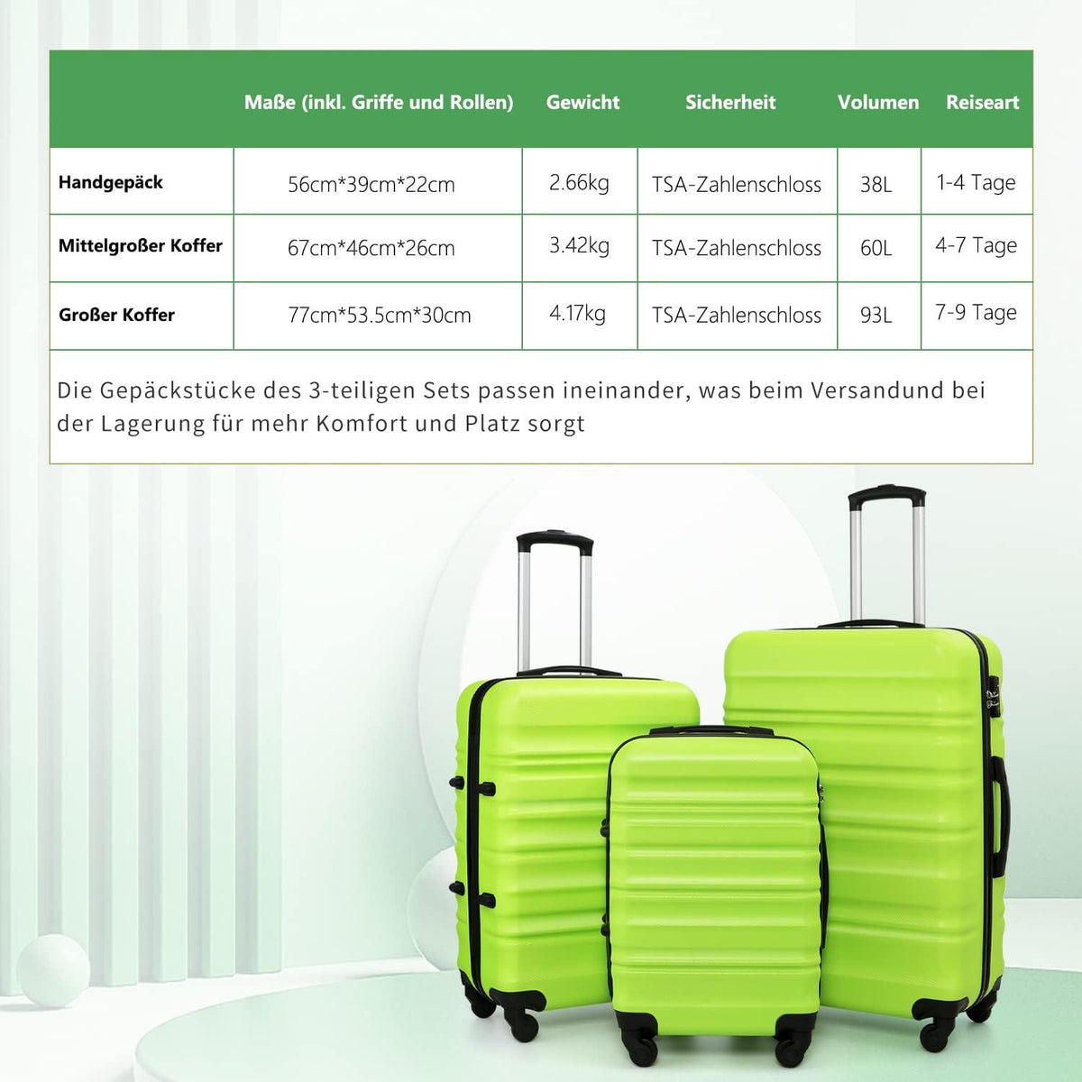 COOLIFE Hartschalen-Koffer Trolley Set 4 Rollen TSA Schloss Grün