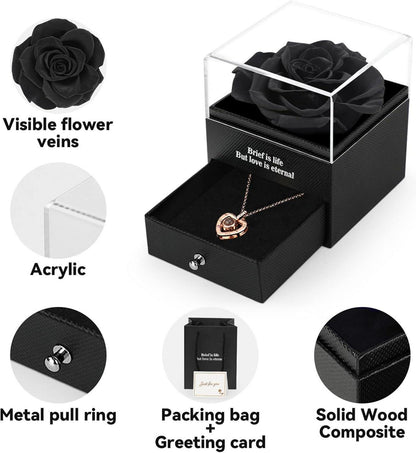 Ewige echte Rose mit I Love You Halskette in Geschenkbox Schwarz