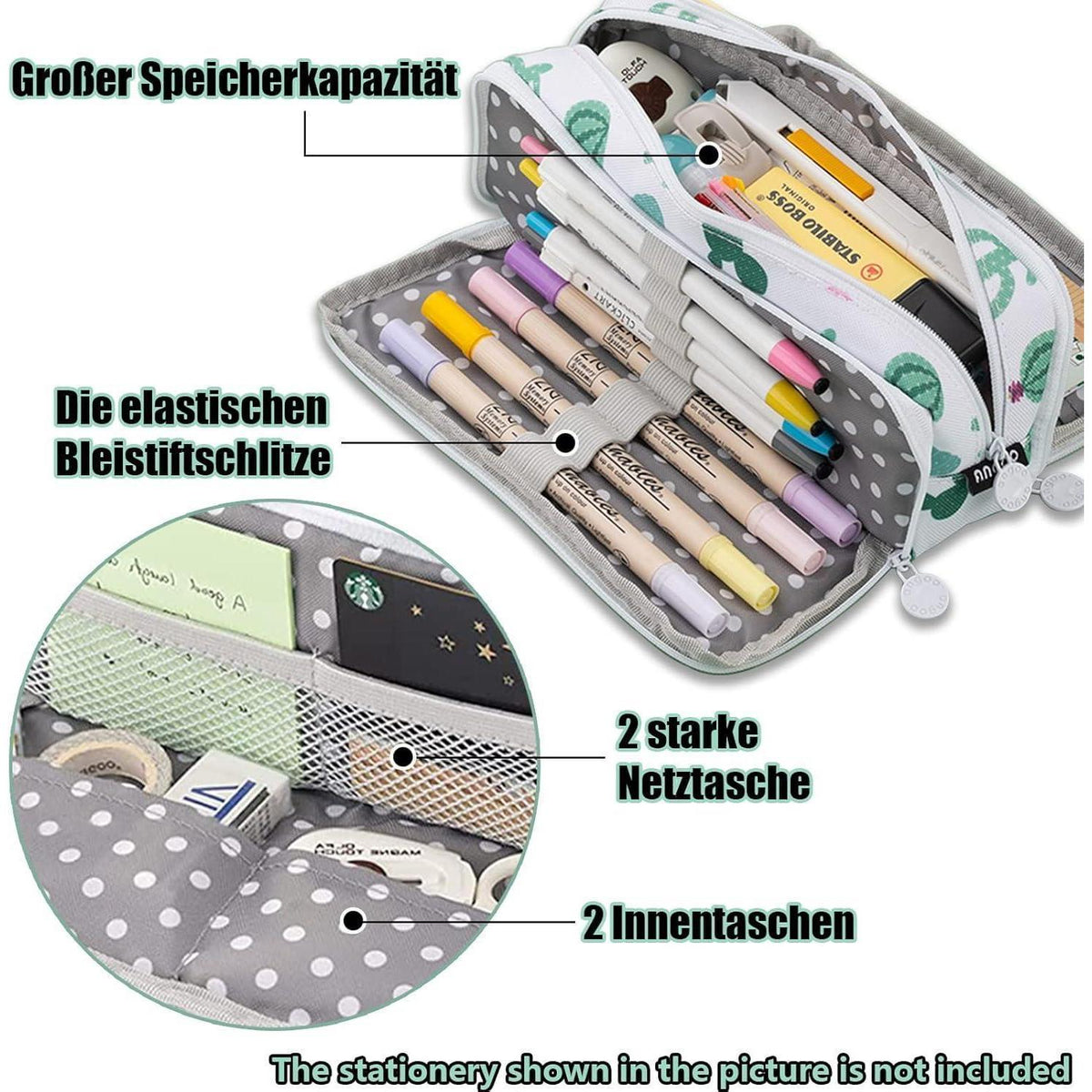 Federmäppchen 3 Fächer Große Kapazität Kaktus Design