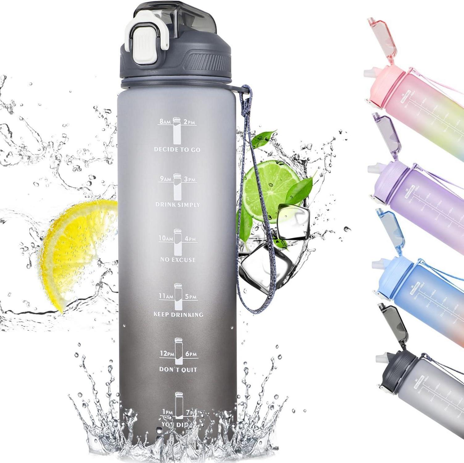Trinkflasche mit Strohhalm und Zeitmarkierung, 1L, BPA-frei