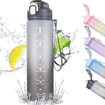 Trinkflasche mit Strohhalm und Zeitmarkierung, 1L, BPA-frei