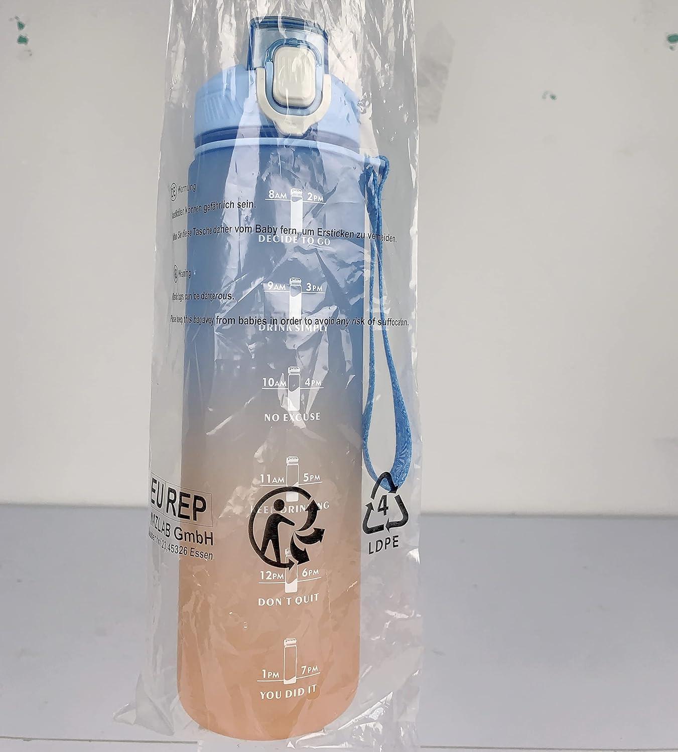 CodiCile Trinkflasche 1L mit Strohhalm & Zeitmarkierung, BPA-frei - Blauer Farbverlauf