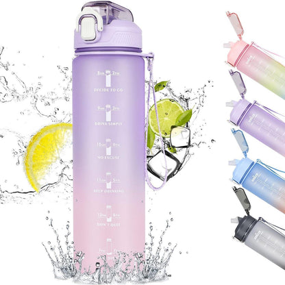 CodiCile Trinkflasche 1L mit Strohhalm, Zeitmarkierung und