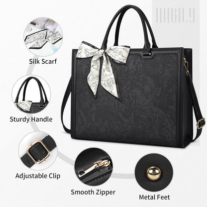 Große Schwarz Leder Handtasche Damen Schultertasche 15.6