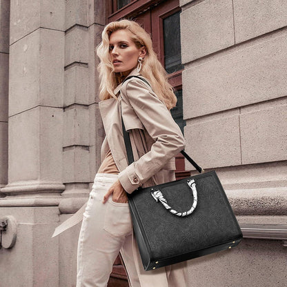Große Schwarz Leder Handtasche Damen Schultertasche 15.6