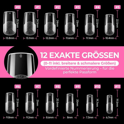 Quadratische Gel Nageltips 216 Stück – 12 Größen für Nagelverlängerung