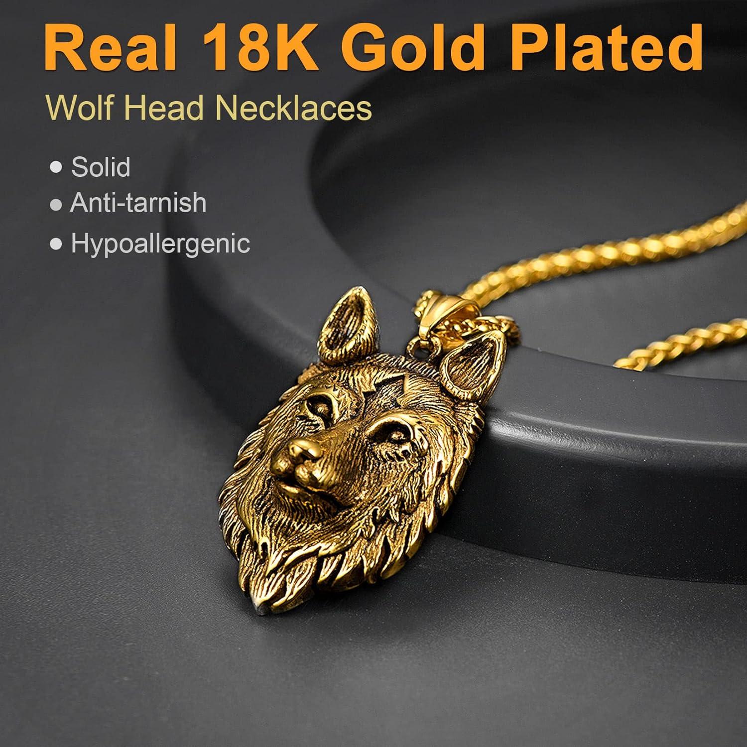 U7 Wikinger Wolfskopf Anhänger mit Halskette Edelstahl vergoldet 55cm Weizenkette Wolf Modeschmuck