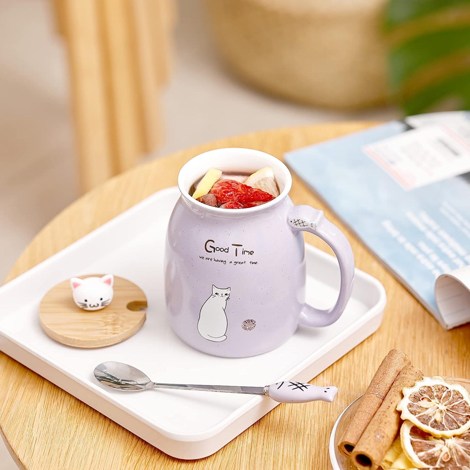 4er Set süße Katzenbecher Keramik Tasse mit Kitty Deckel 450ML Blau Rosa Lila Gelb