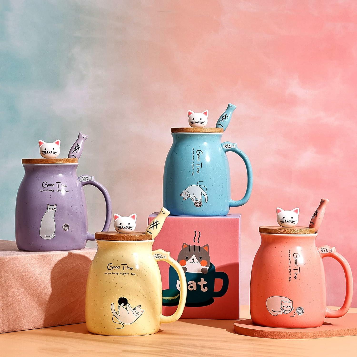 4er Set süße Katzenbecher Keramik Tasse 450ML Lovely Kitty Deckel Blau Rosa Lila