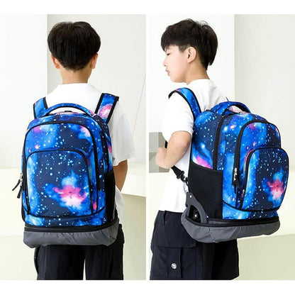 Schultrolley Rucksack mit Rollen – Navy Blau, 32x22x48cm
