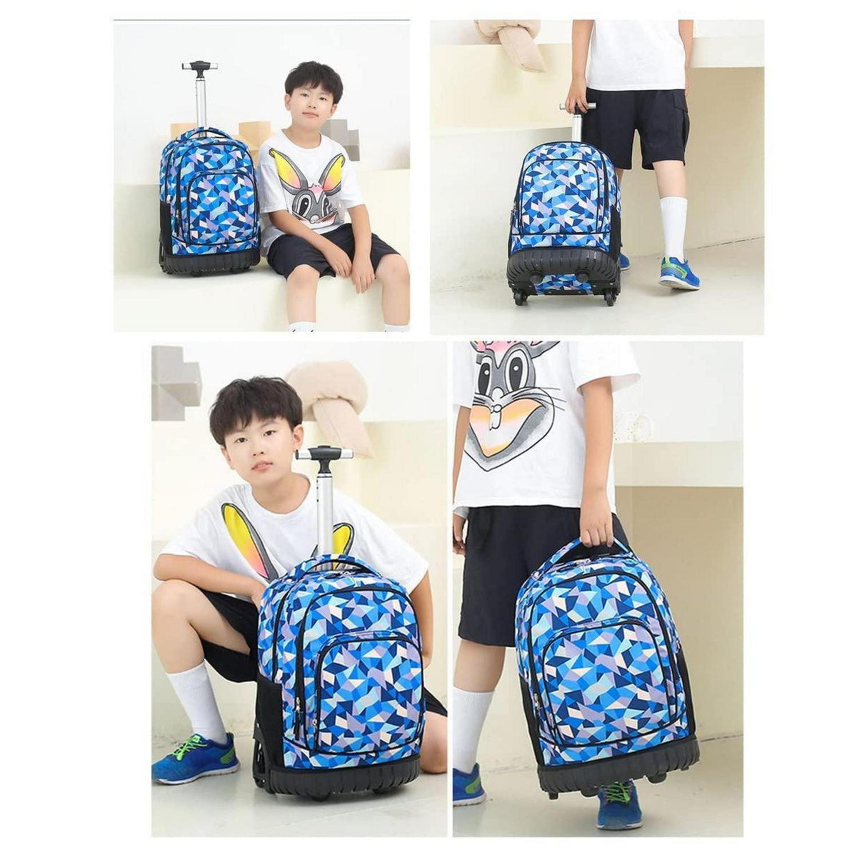 Schultrolley Rucksack mit Rollen – Navy Blau, 32x22x48cm