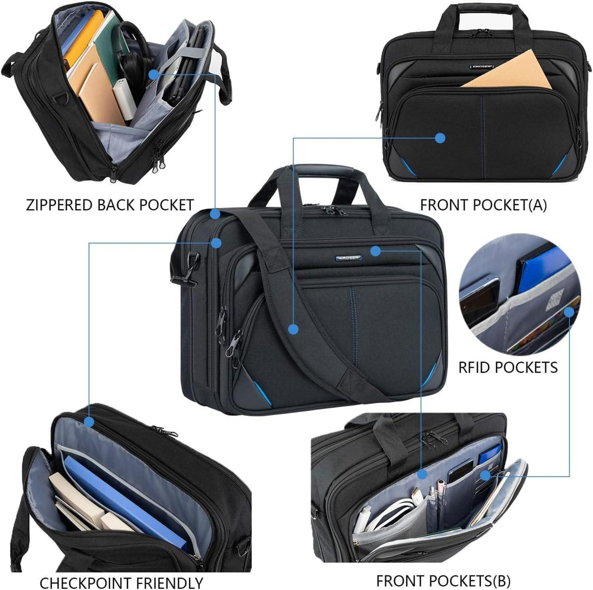 18 Zoll Laptop Tasche Business Aktentasche RFID Schultertasche Black/Blue