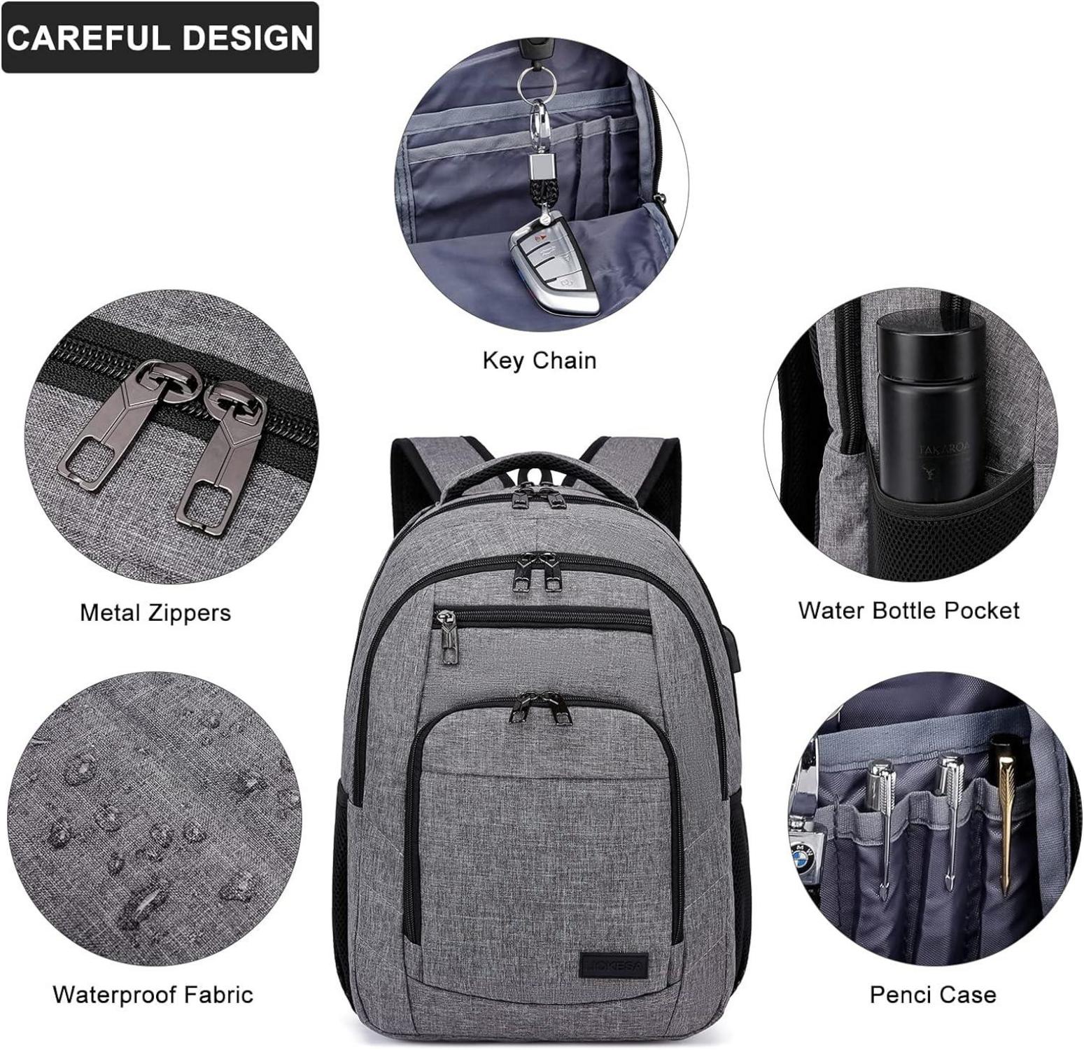 Liokesa Herren Rucksack 15,6 Zoll Wasserdicht USB Oxford Grau