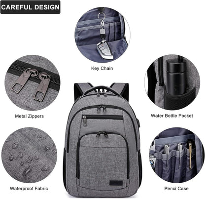 Liokesa Herren Rucksack 15,6 Zoll Wasserdicht USB Oxford Grau