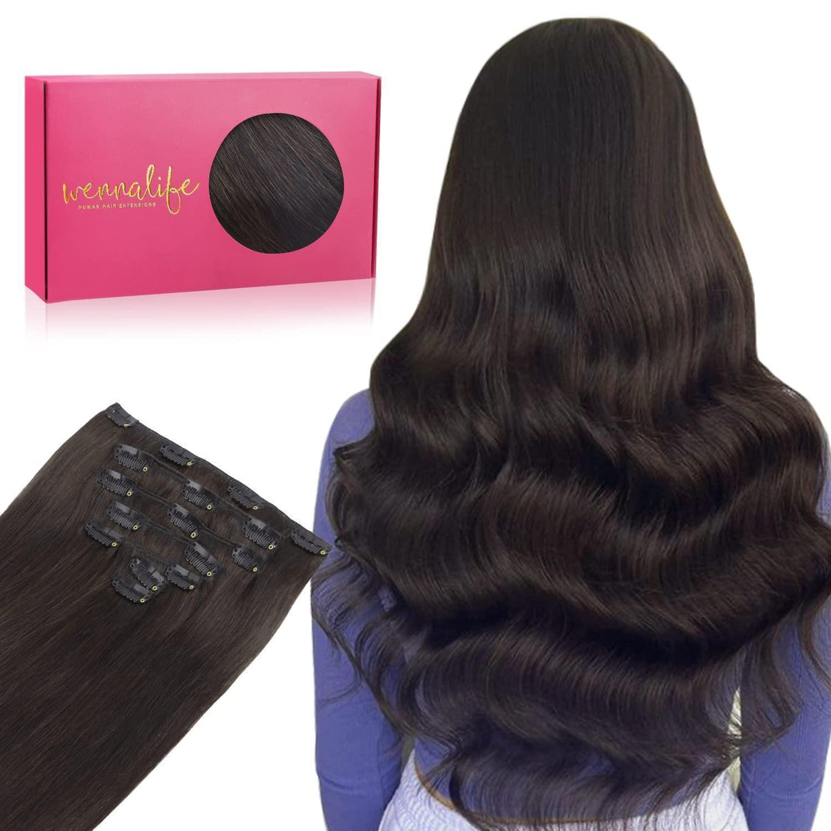Echthaar Clip-in Extensions Dunkelbraun 55cm - 70g