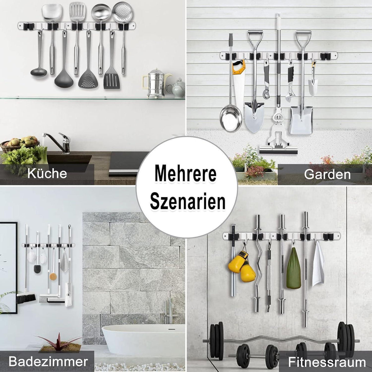 Besenhalterung Edelstahl mit Haken, 2er-Set, Wandmontage