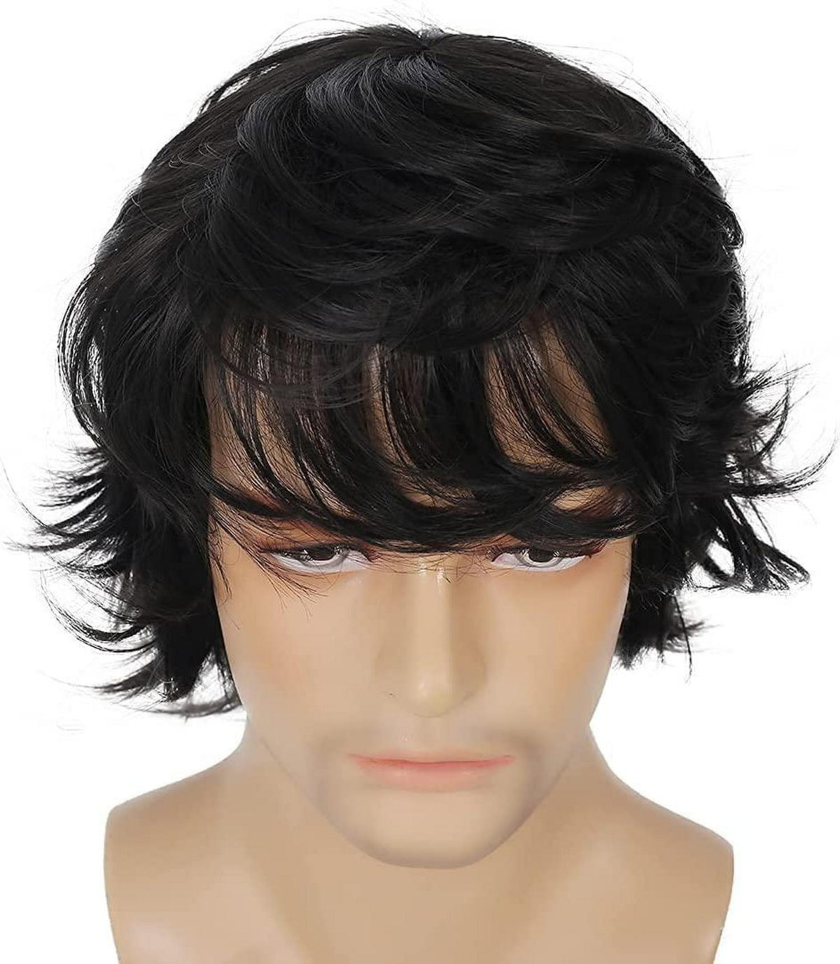 Herren Schwarze Kurzhaarperücke Layered Wave mit Pony Synthetische Kostümparty