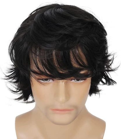 Herren Schwarze Kurzhaarperücke Layered Wave mit Pony Synthetische Kostümparty