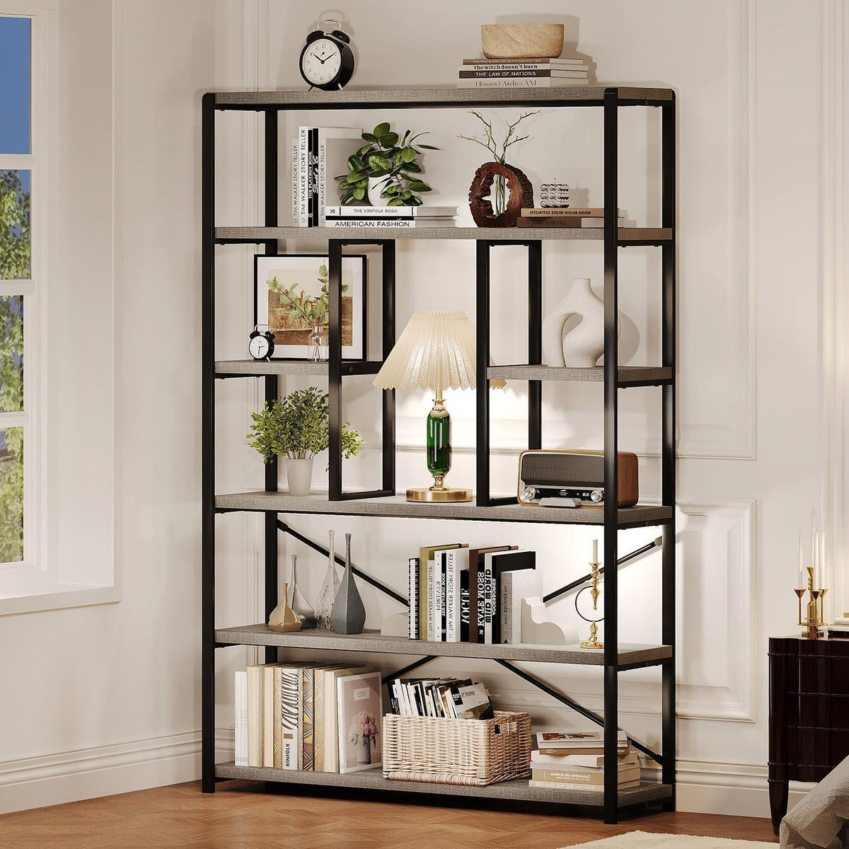 Industrielles Bücherregal mit 6 Etagen, Holz & Metall, Hellgraue Eiche