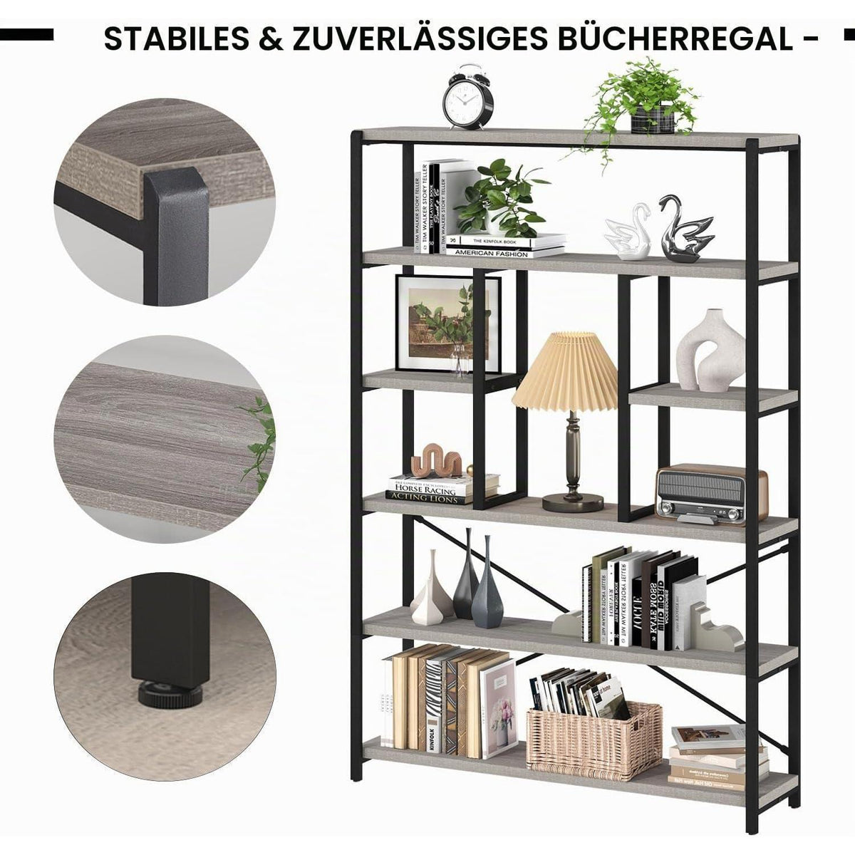 Industrielles Bücherregal mit 6 Etagen, Holz & Metall, Hellgraue Eiche