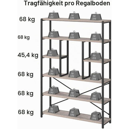 Industrielles Bücherregal mit 6 Etagen, Holz & Metall, Hellgraue Eiche