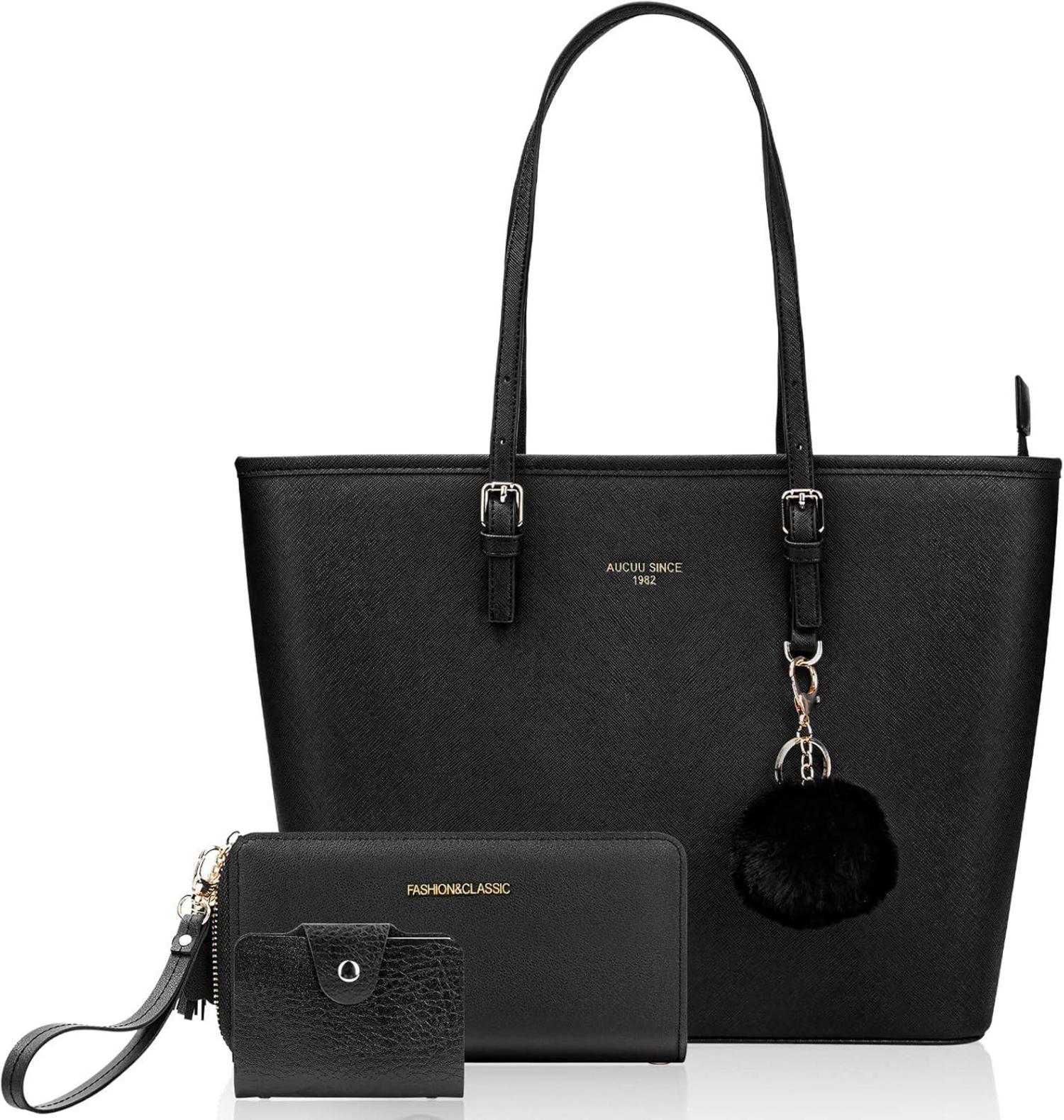 Damen Handtasche Schwarz Shopper Leder Kaninchen Pelz Kugel Plüsch