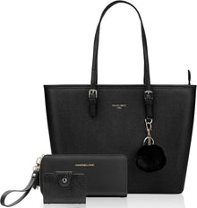 Damen Handtasche Schwarz Shopper Leder Kaninchen Pelz Kugel Plüsch