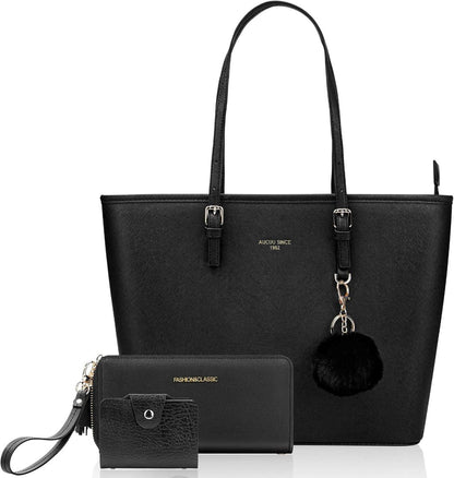 Damen Handtasche Schwarz Shopper Leder Kaninchen Pelz Kugel Plüsch