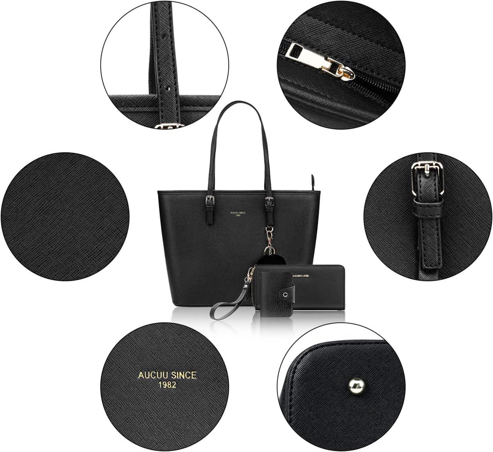 Damen Handtasche Schwarz Groß PU Leder Shopper mit Kaninchen Pelz Kugel