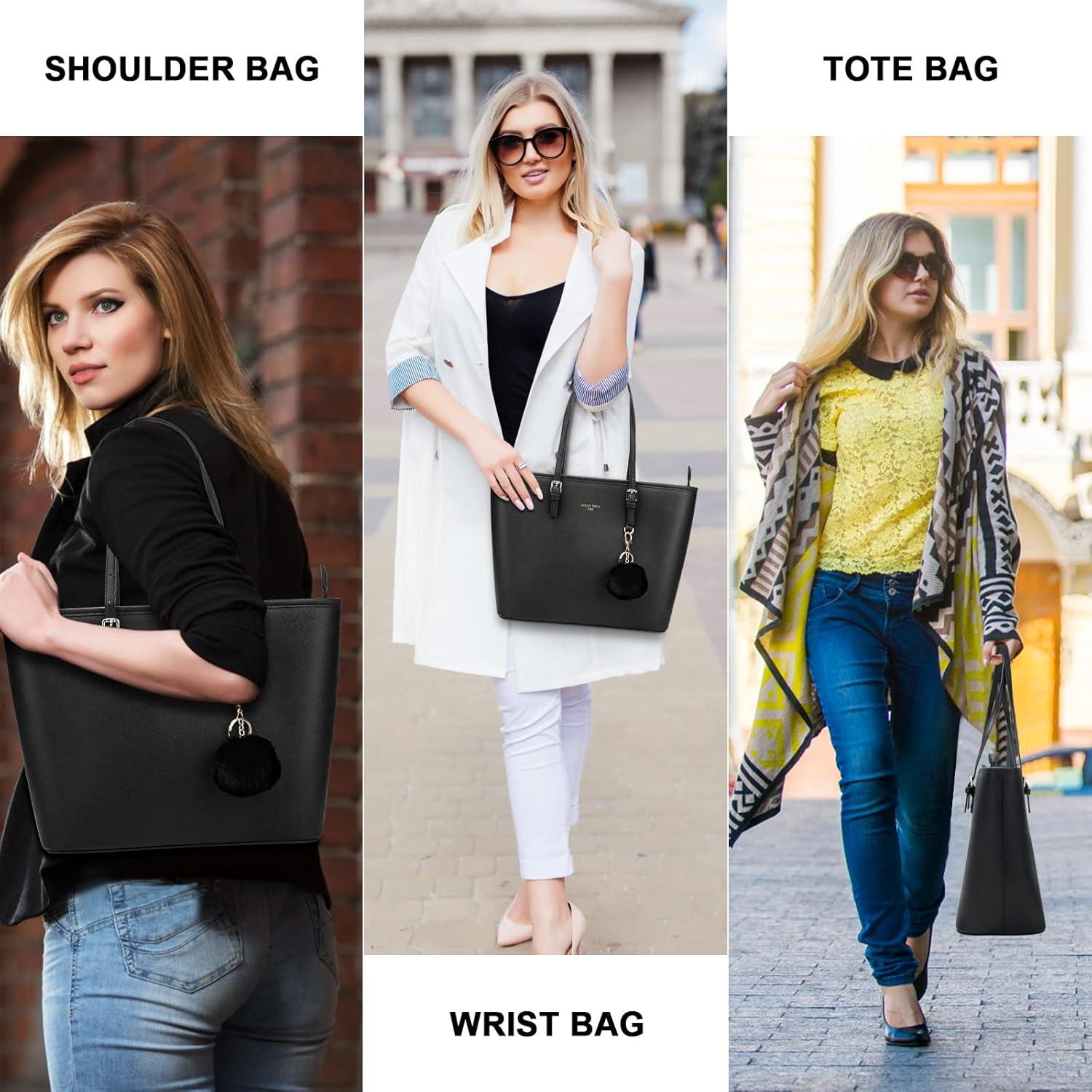 Damen Handtasche Schwarz Groß PU Leder Shopper mit Kaninchen Pelz Kugel