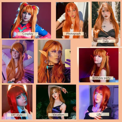 Langes orangefarbenes Damenhaar Perücke mit Pony – Cosplay & Alltag